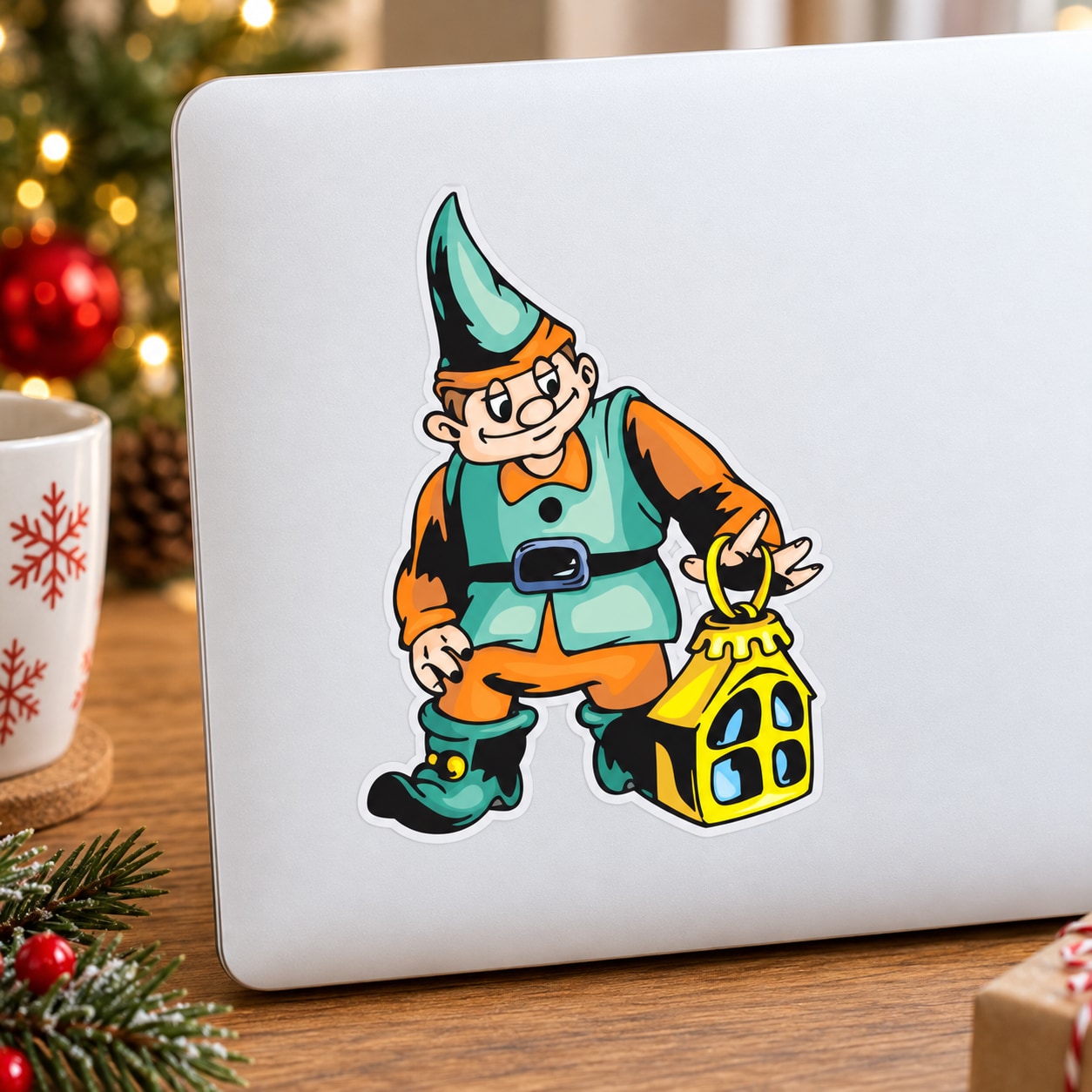 Cartoon elf sticker holding a yellow house ornament