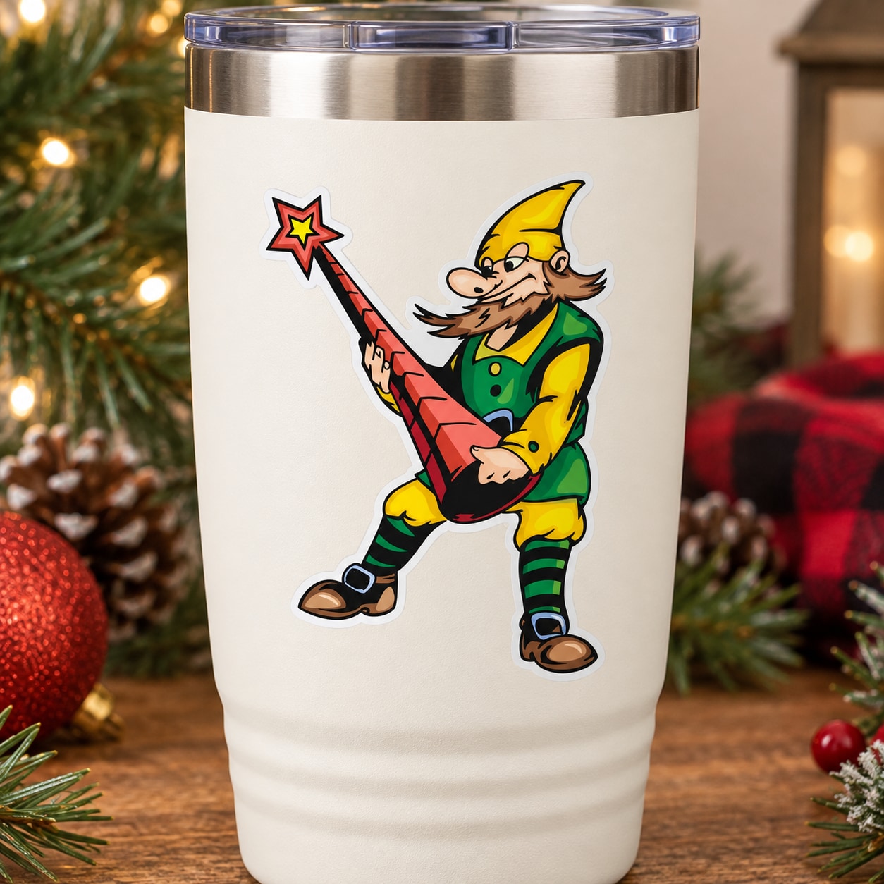 Christmas elf sticker on white tumbler, green outfit holding red tree topper