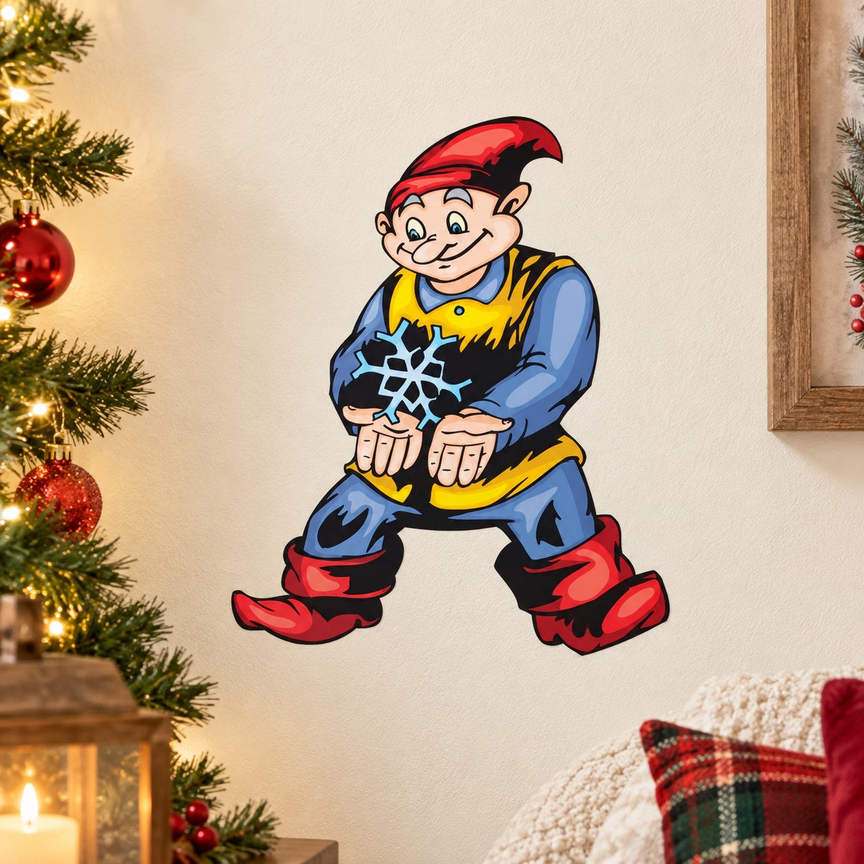 Cartoon elf sticker with blue outfit, yellow scarf, holding a white snowflake