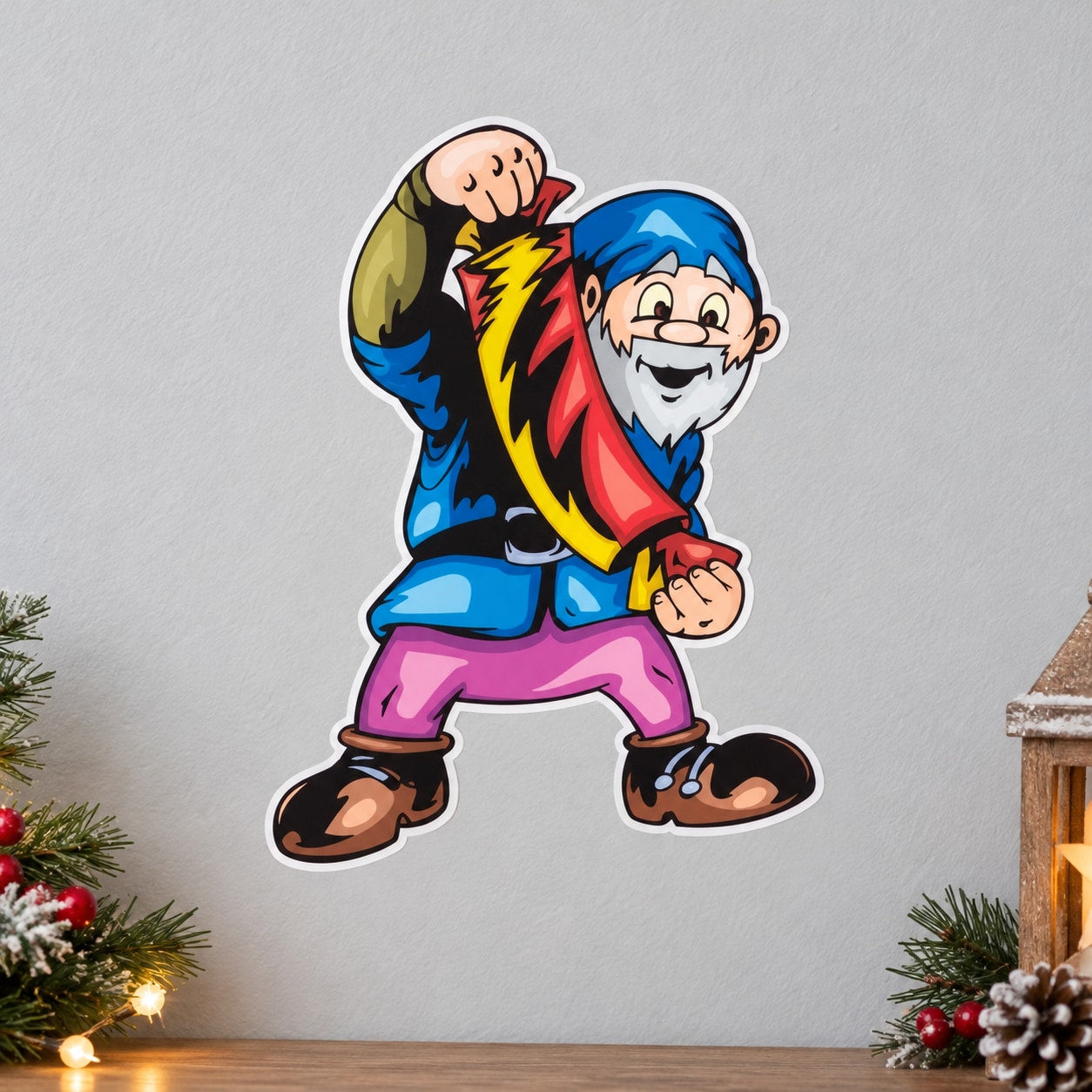 Cartoon elf character sticker with red and yellow lightning bolt design