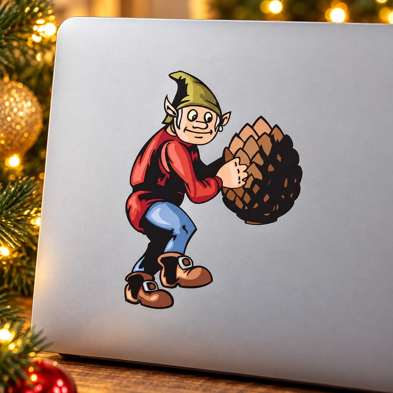 Cartoon elf sticker holding a pinecone, red jacket and green hat on light background