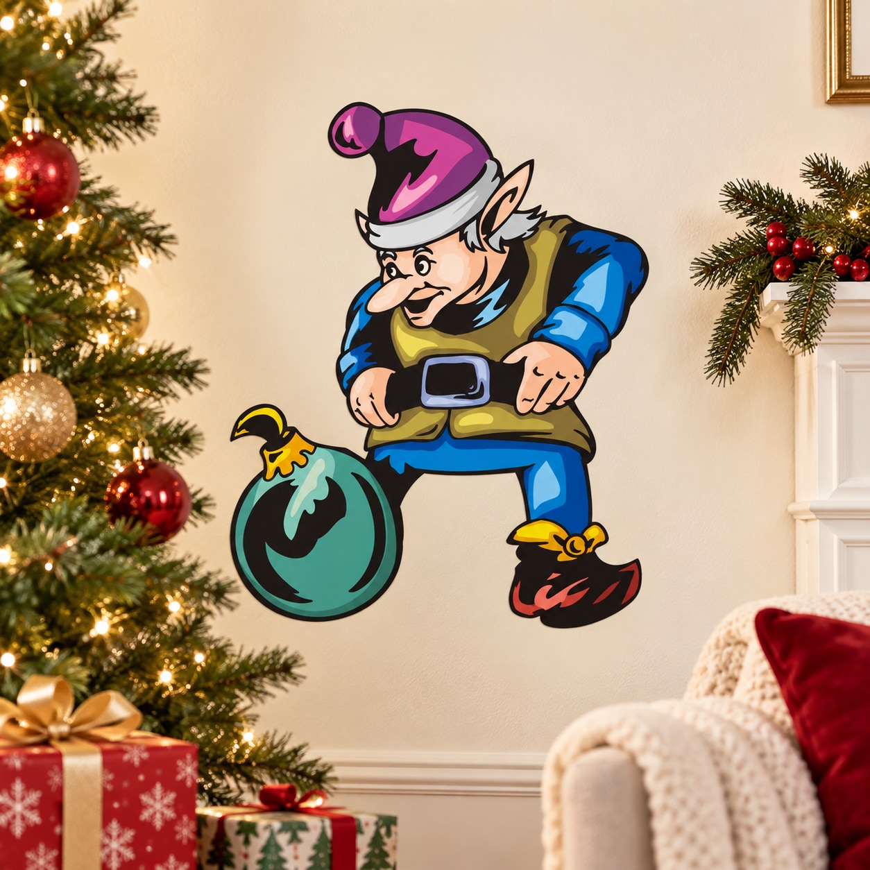 Cartoon elf sticker holding a teal ball ornament, black hat and blue outfit