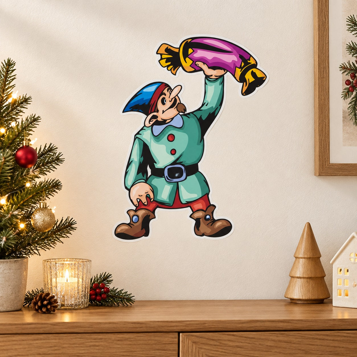 Cartoon elf wall sticker with teal outfit, purple hat, and pink candy detail