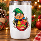 White tumbler with elf graphic sticker holding red ball ornament