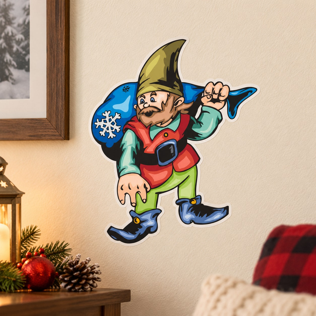 Elf with snow sack sticker, cartoon character with green hat and blue gloves