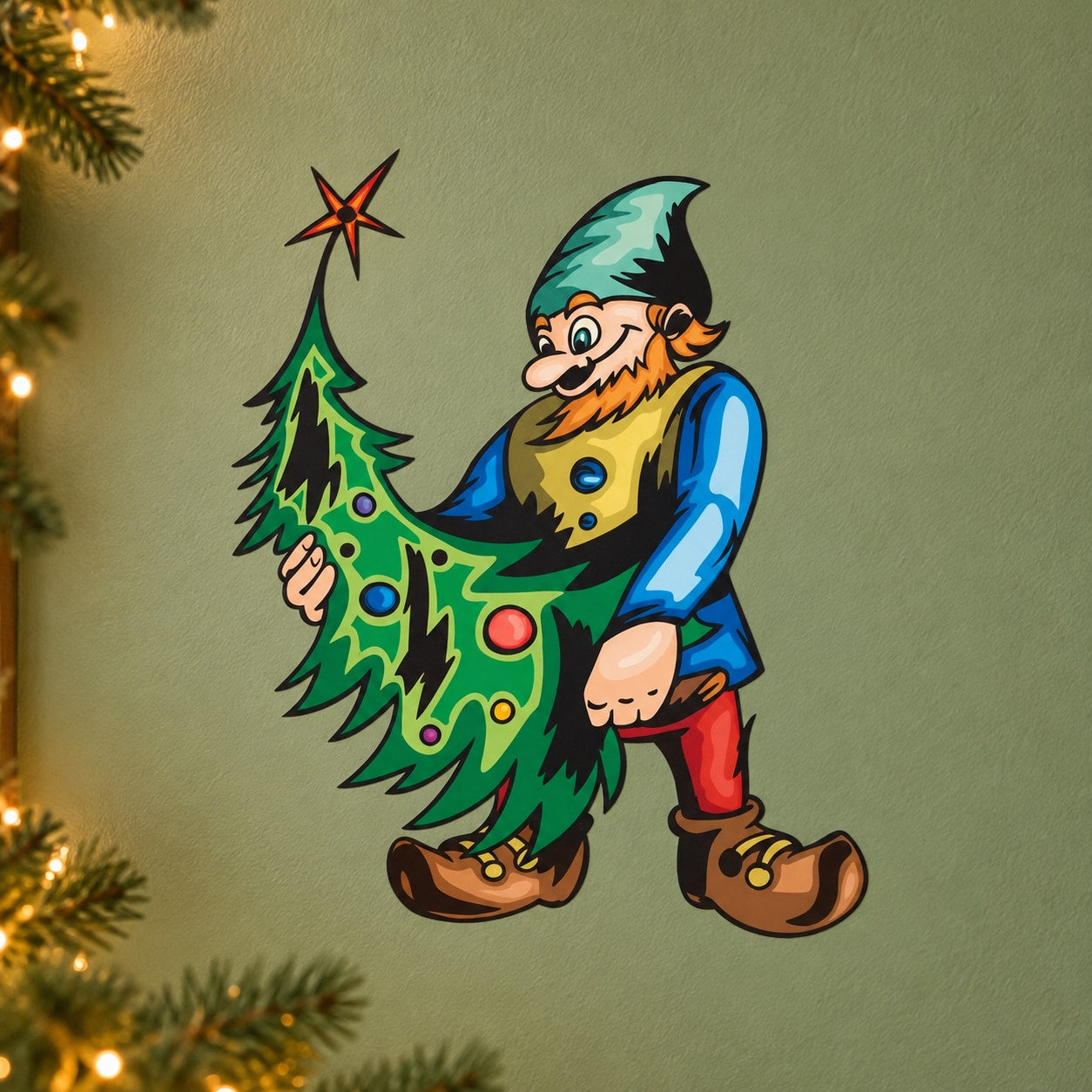 Cartoon elf sticker holding a decorated Christmas tree with star topper