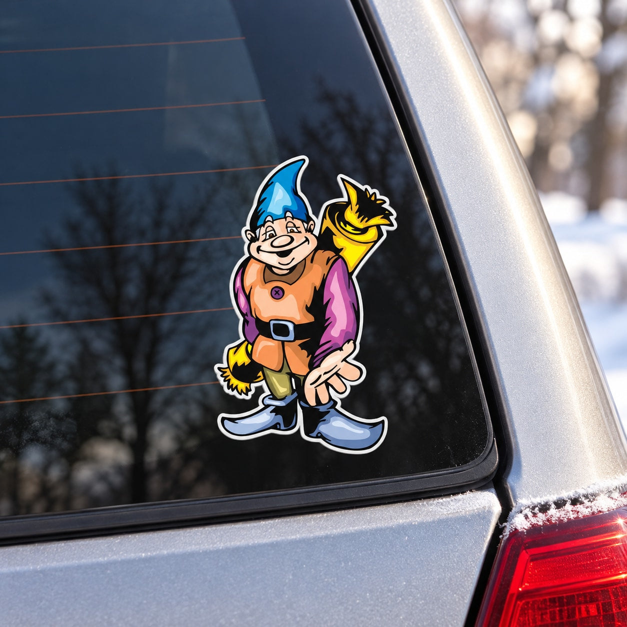 Cartoon elf sticker holding a yellow candy, colorful character decal