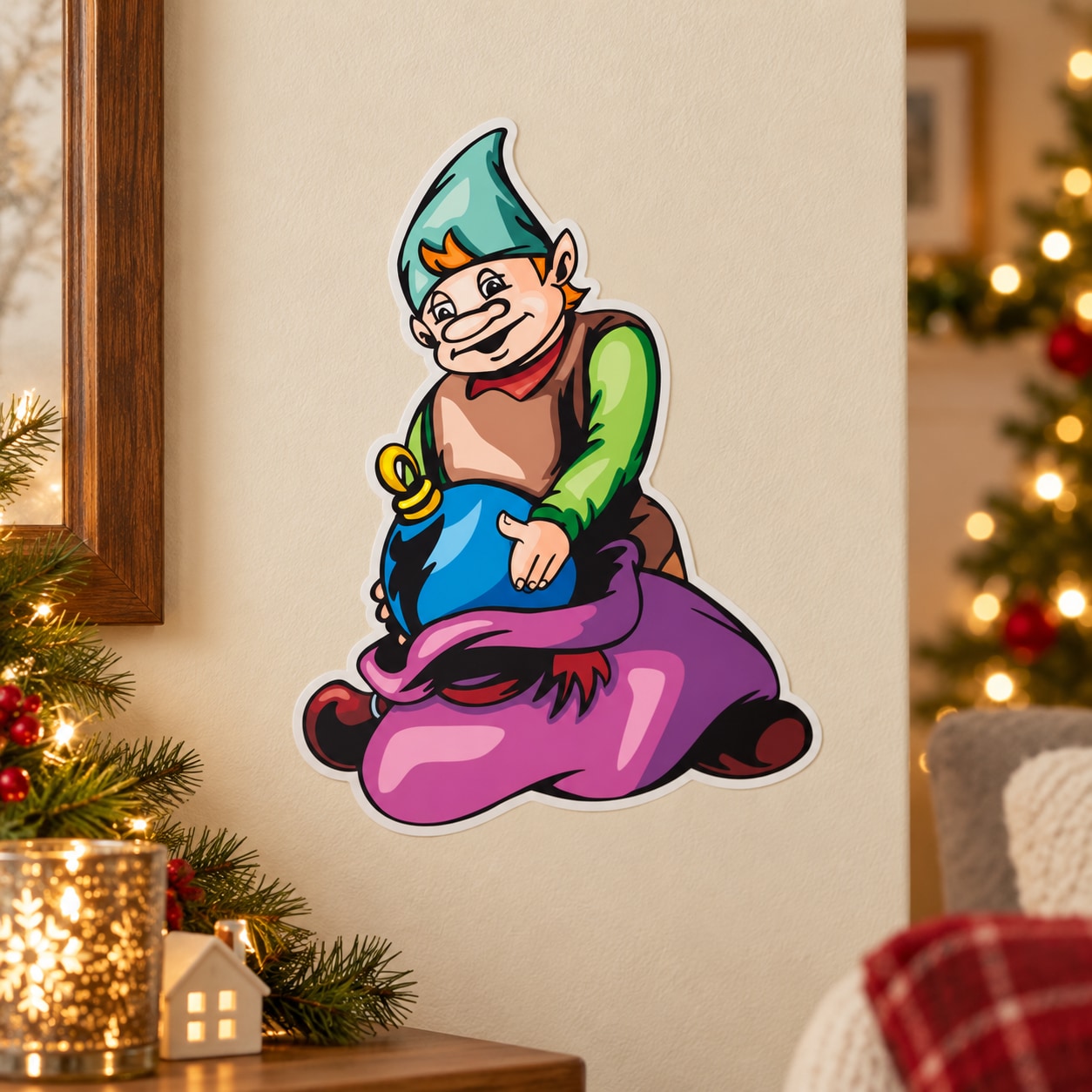 Cartoon elf sticker: green hat elf sitting with purple sack and blue belt