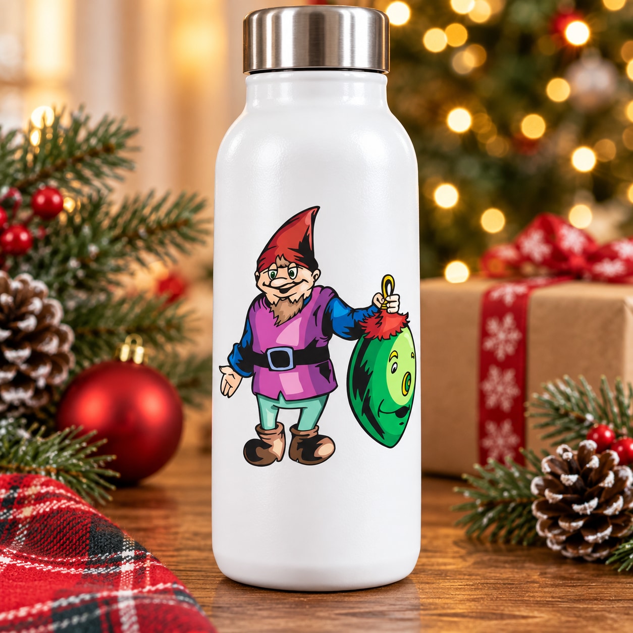 Green-face elf cartoon sticker ornament on white bottle