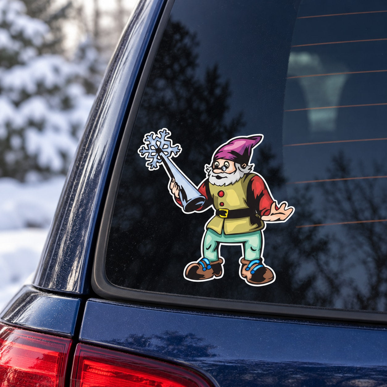 Cartoon elf holding a silver snowflake tree topper sticker, with pink hat and red vest