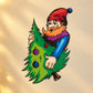 Cartoon elf hugging green tree sticker with colorful symbols on the leaves