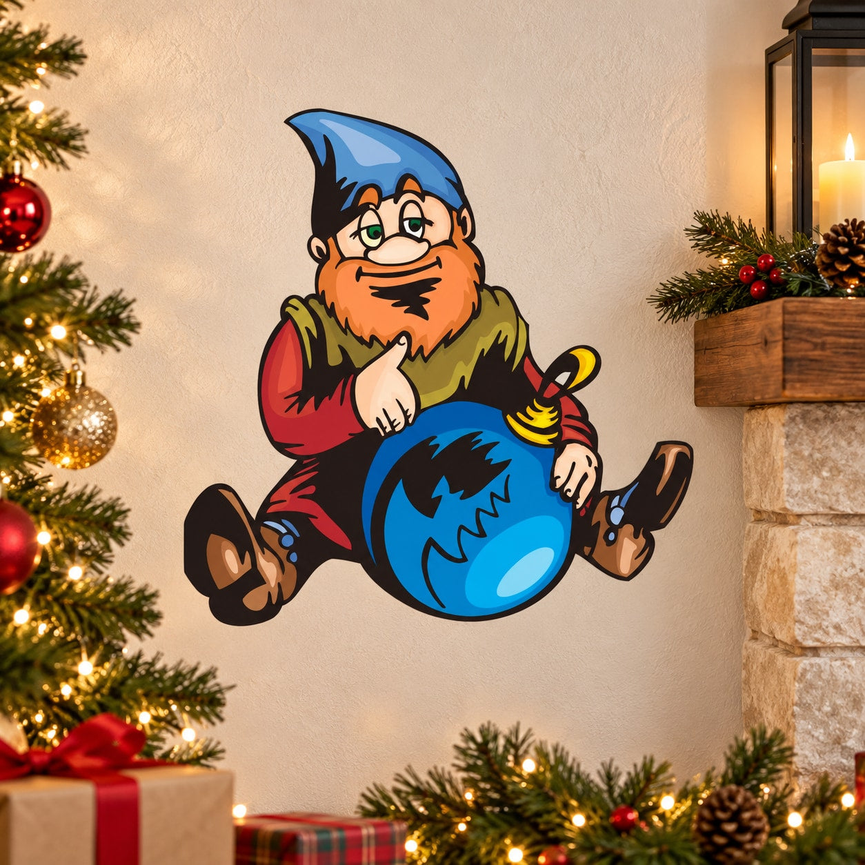 Cartoon elf with blue ball ornament wall sticker