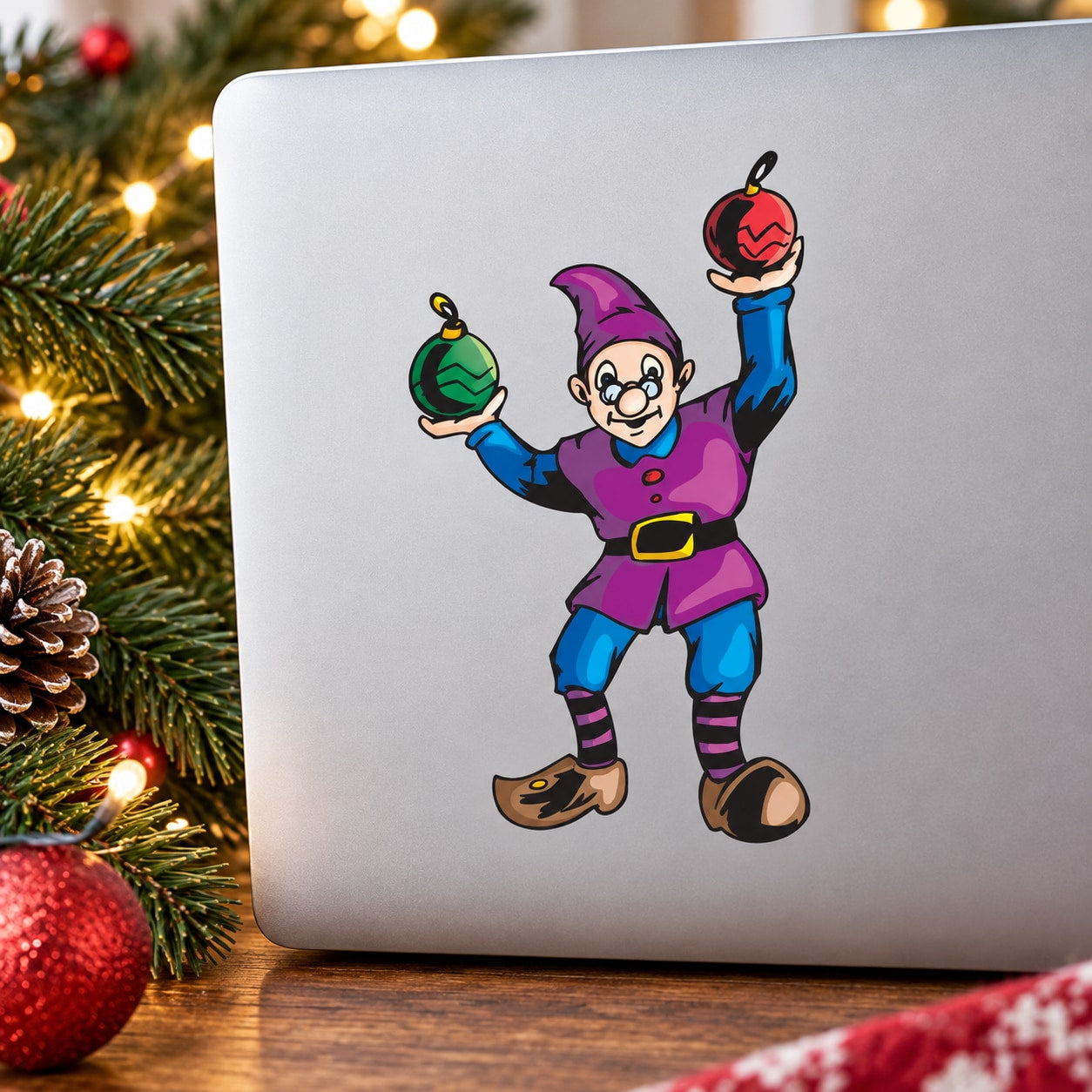 Cartoon elf sticker holding red and green ball ornaments