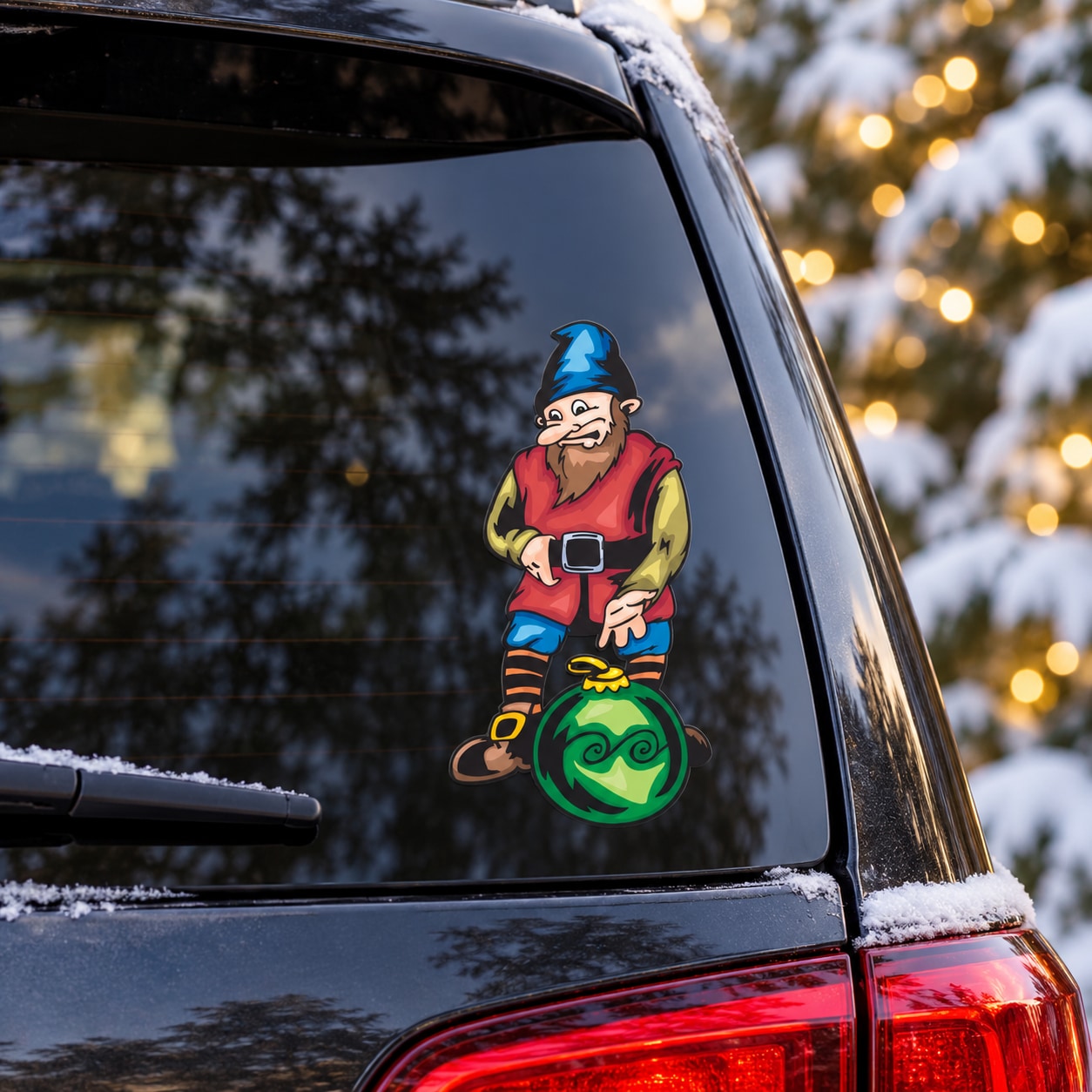 Cartoon elf holding green ornament ball sticker for car window