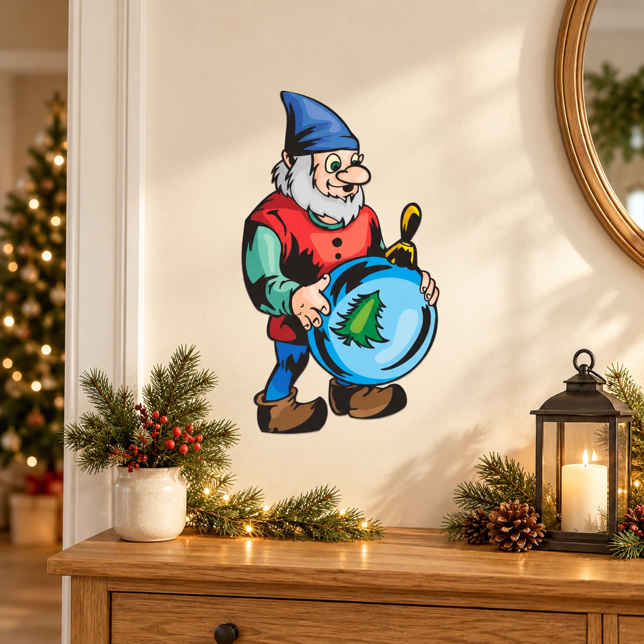 Elf with blue tree ornament sticker, colorful cartoon figure with red outfit