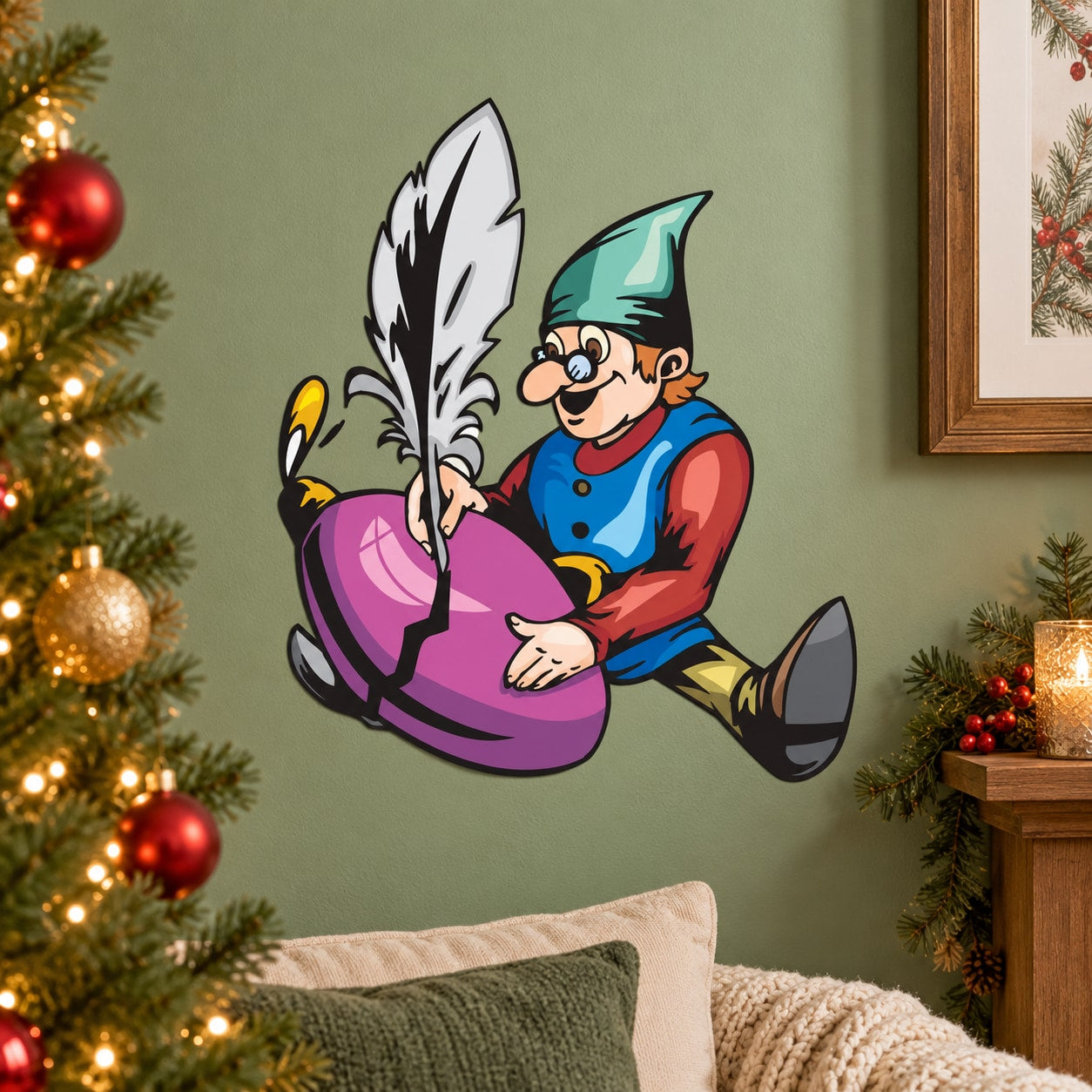 Cartoon elf painting purple ornament sticker on a wall