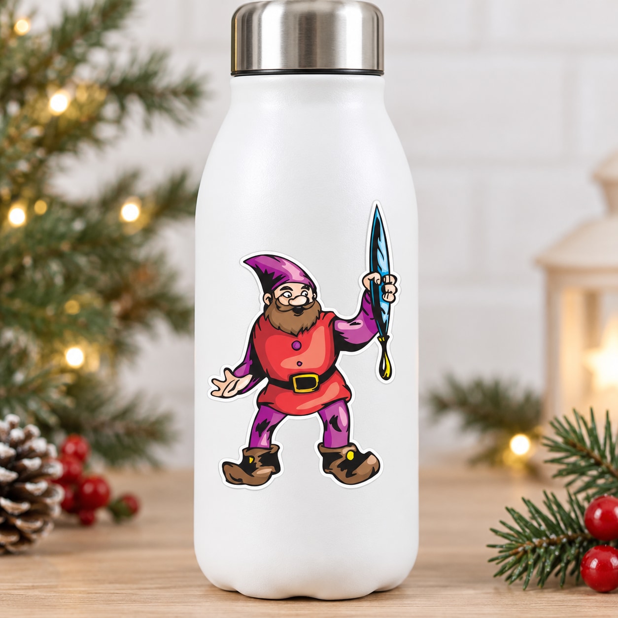 Sticker graphic on white bottle featuring elf with paintbrush