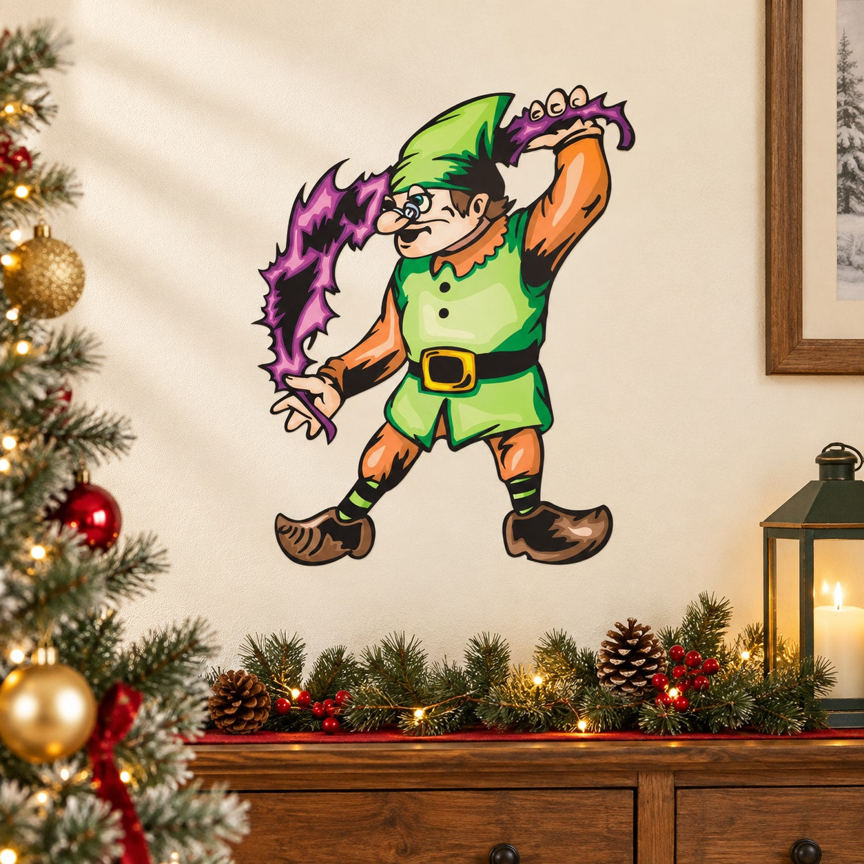 Green elf sticker with purple feather boa and colorful hat, running pose