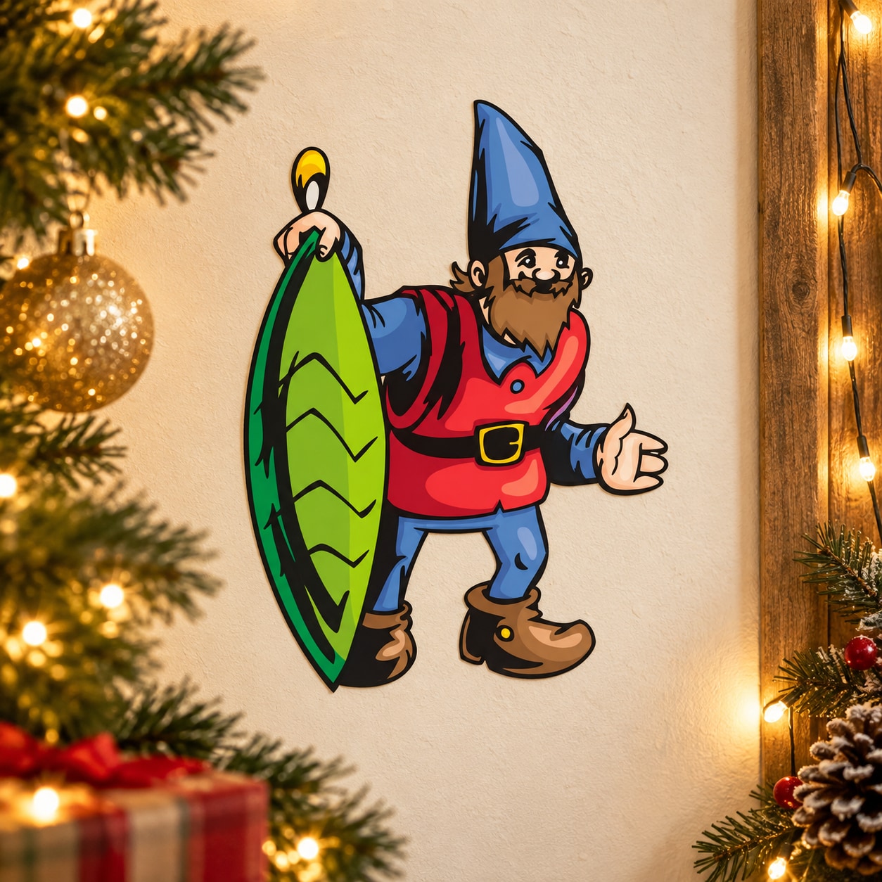 Cartoon elf holding a green oblong ornament sticker