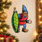 Cartoon elf holding a green oblong ornament sticker
