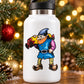 White insulated water bottle with cartoon elf sticker holding yellow candy