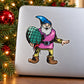 Elf sticker with green pinecone ornament, cartoon bearded character in pink tunic