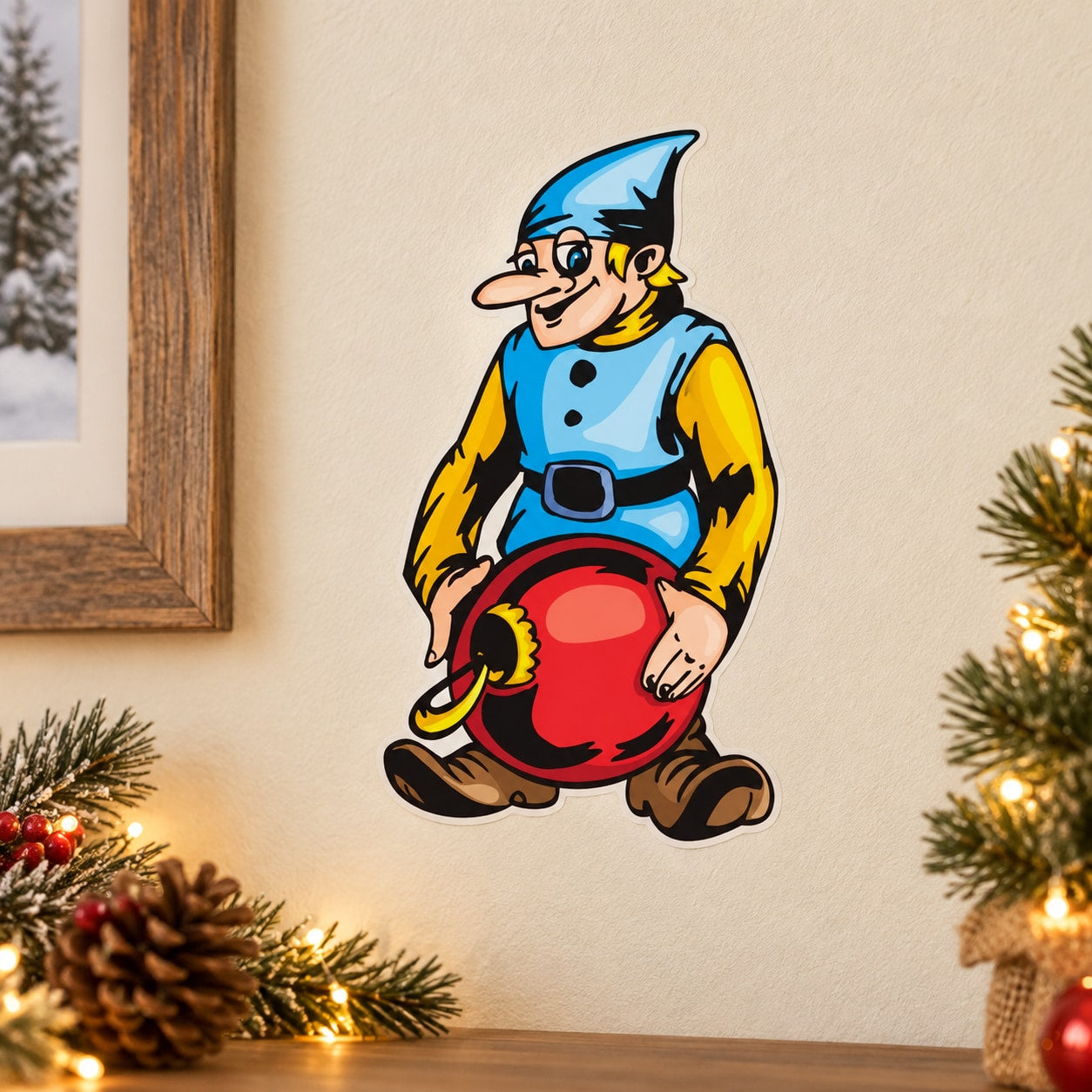 Cartoon elf sticker holding a red ornament ball, blue top and yellow sleeves