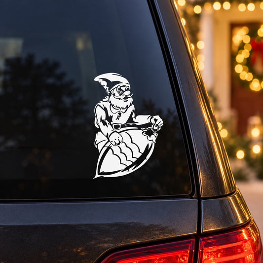 Elf decal with striped ornament, white silhouette on dark window