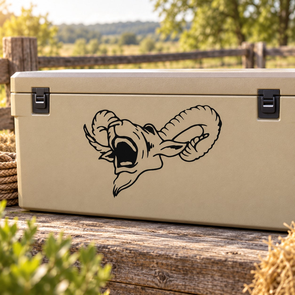 Black goat head decal with detailed outline, shown on a beige surface