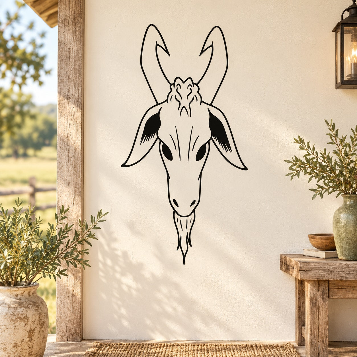 Mountain goat head decal with black line-art design