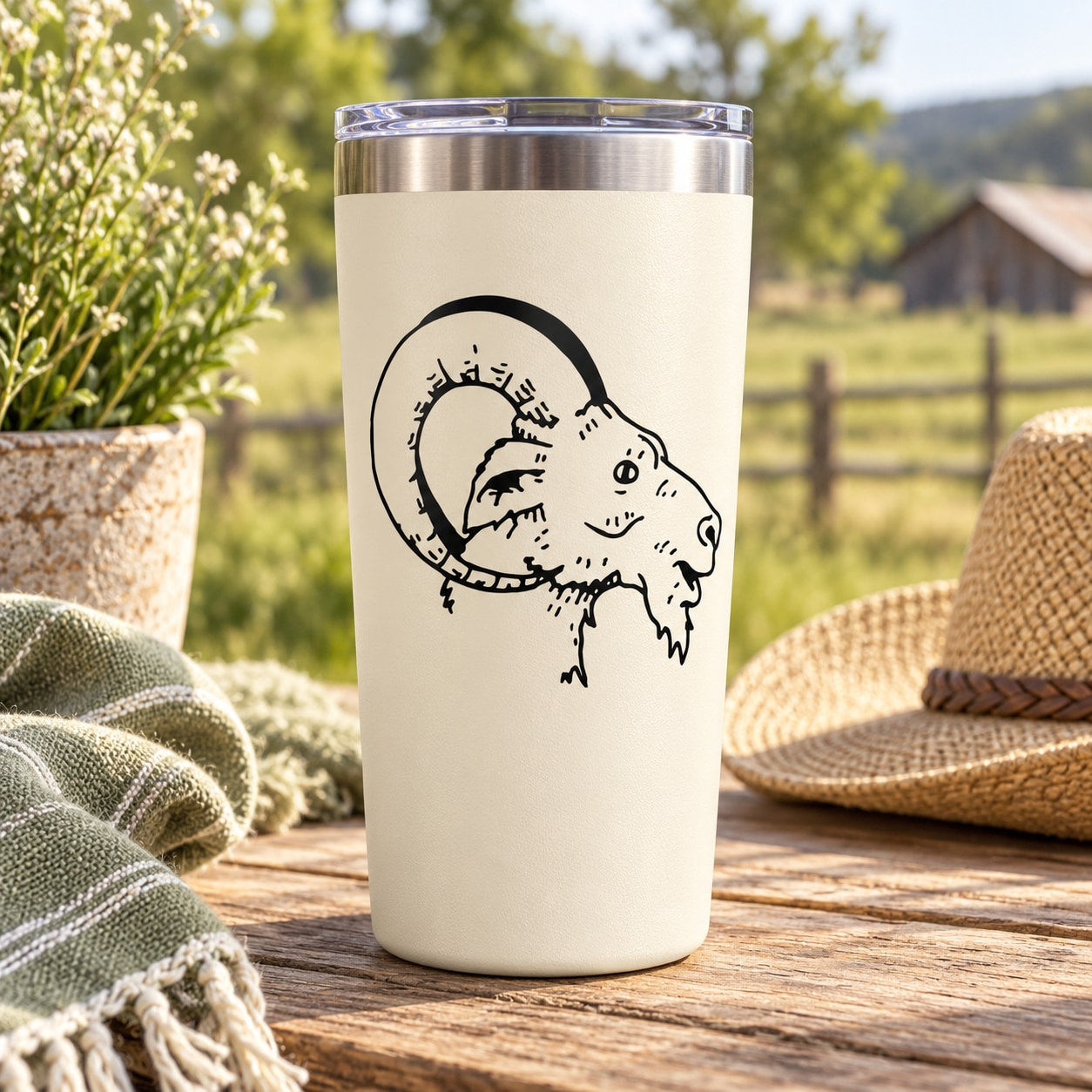 Round goat head outline decal with horns, black ink on white surface