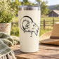 Round goat head outline decal with horns, black ink on white surface