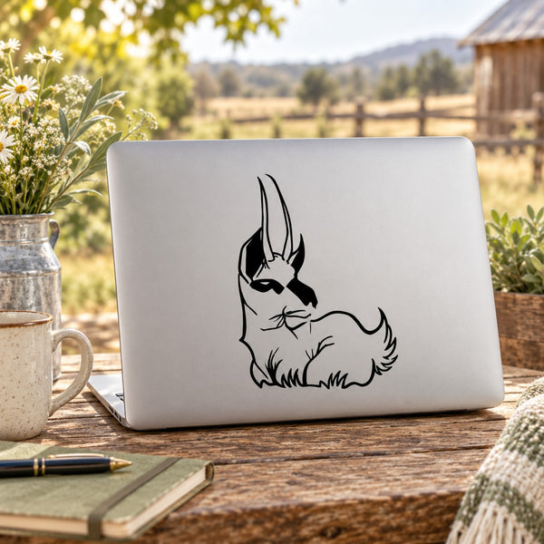 Sitting goat with long horns decal, black line art on light surface