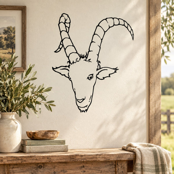 Long-horn billy goat head wall decal in black line art