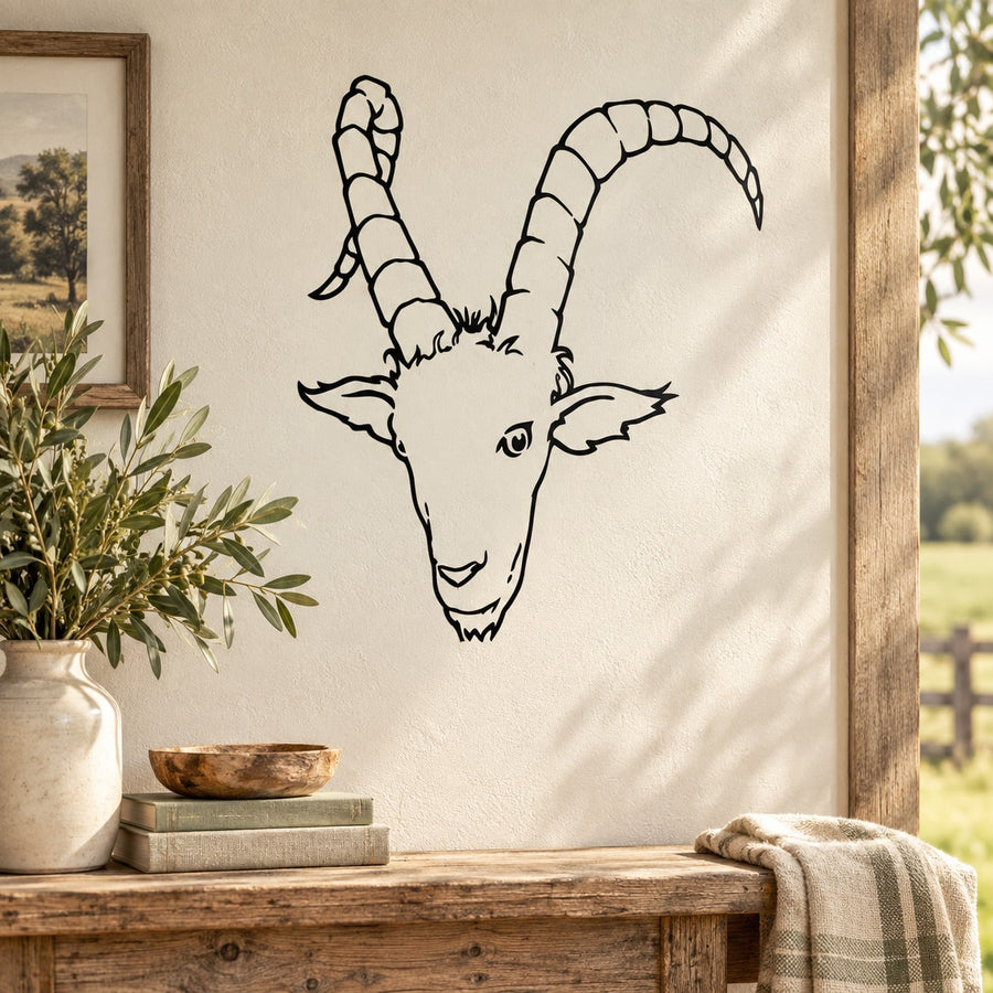 Long-horn billy goat head wall decal in black line art