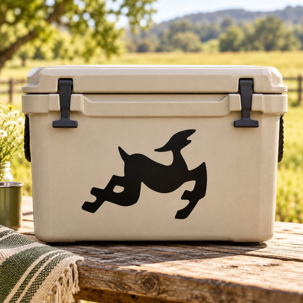 Leaping goat silhouette decal on beige cooler lid