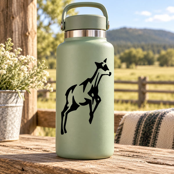 Jumping goat vinyl decal in black, featuring a rearing goat jumping silhouette