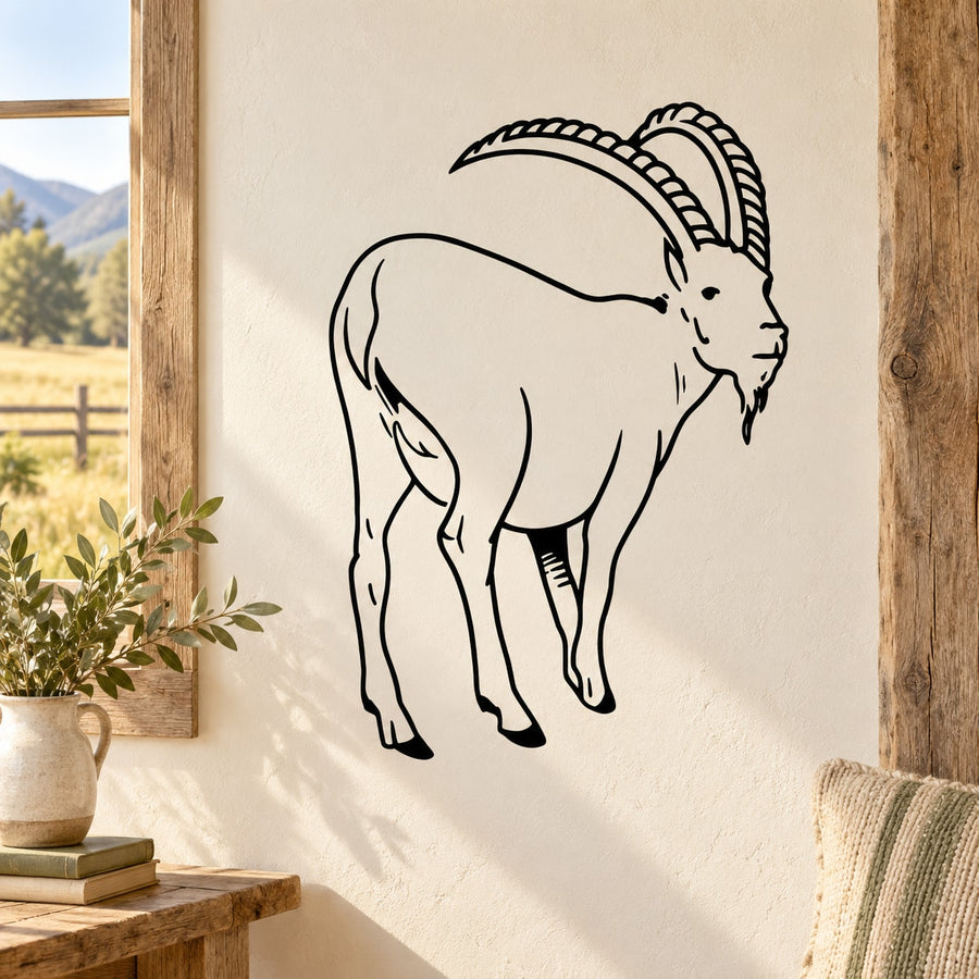 Looking back goat decal with black line-art illustration on a light backing