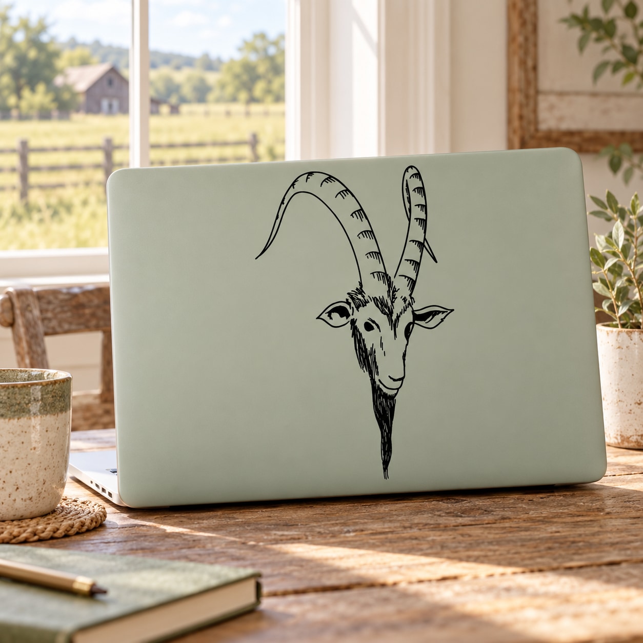 Goat head decal sticker with black line-art on light backing