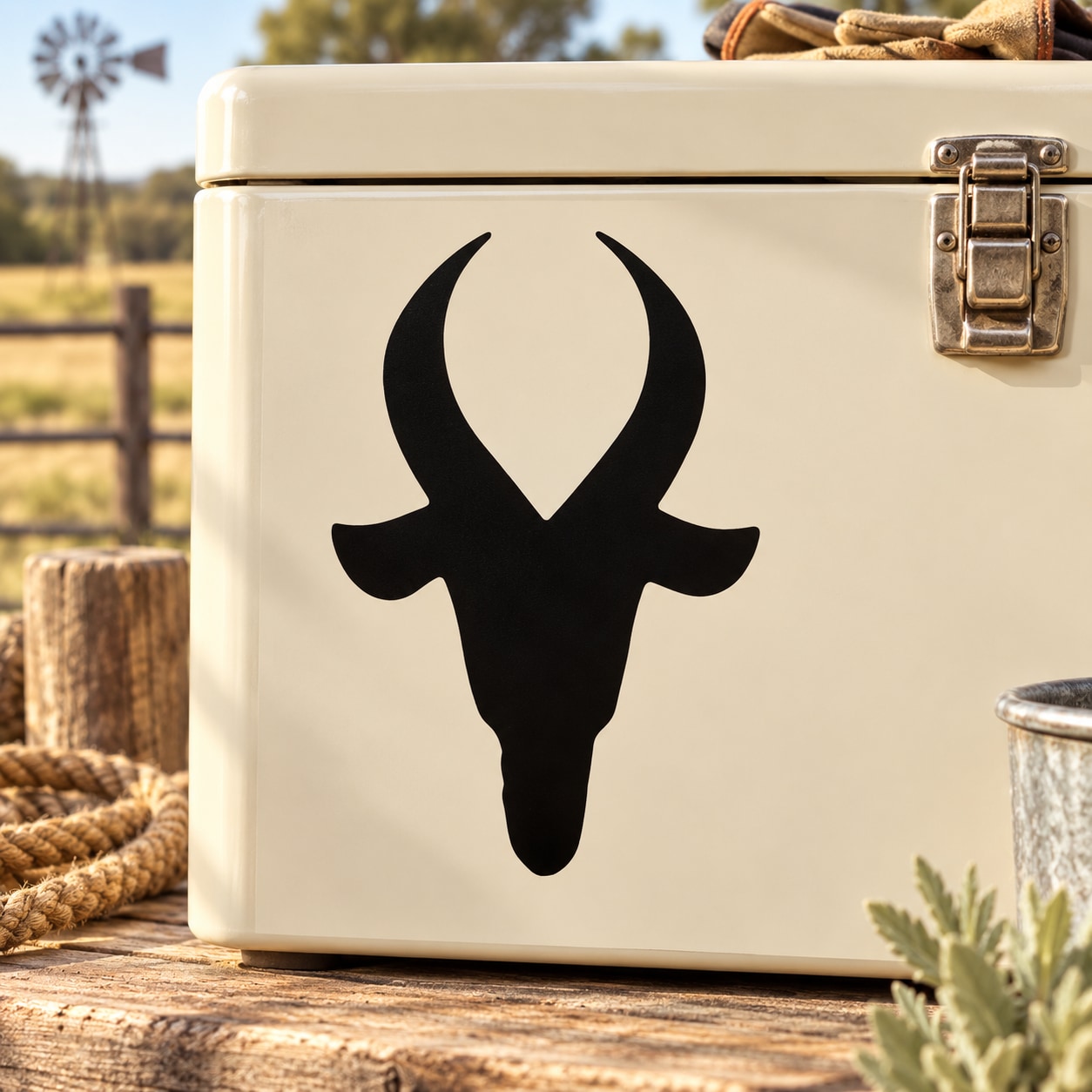 Black mountain goat head decal, simple silhouette on a light surface