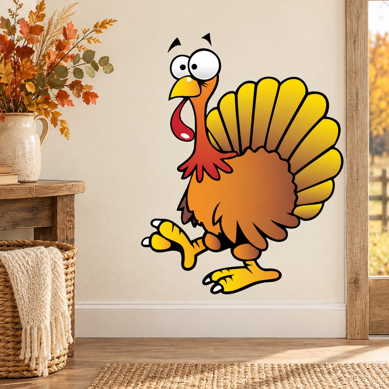 Cartoon turkey sticker with big fan-shaped tail, red head and yellow beak