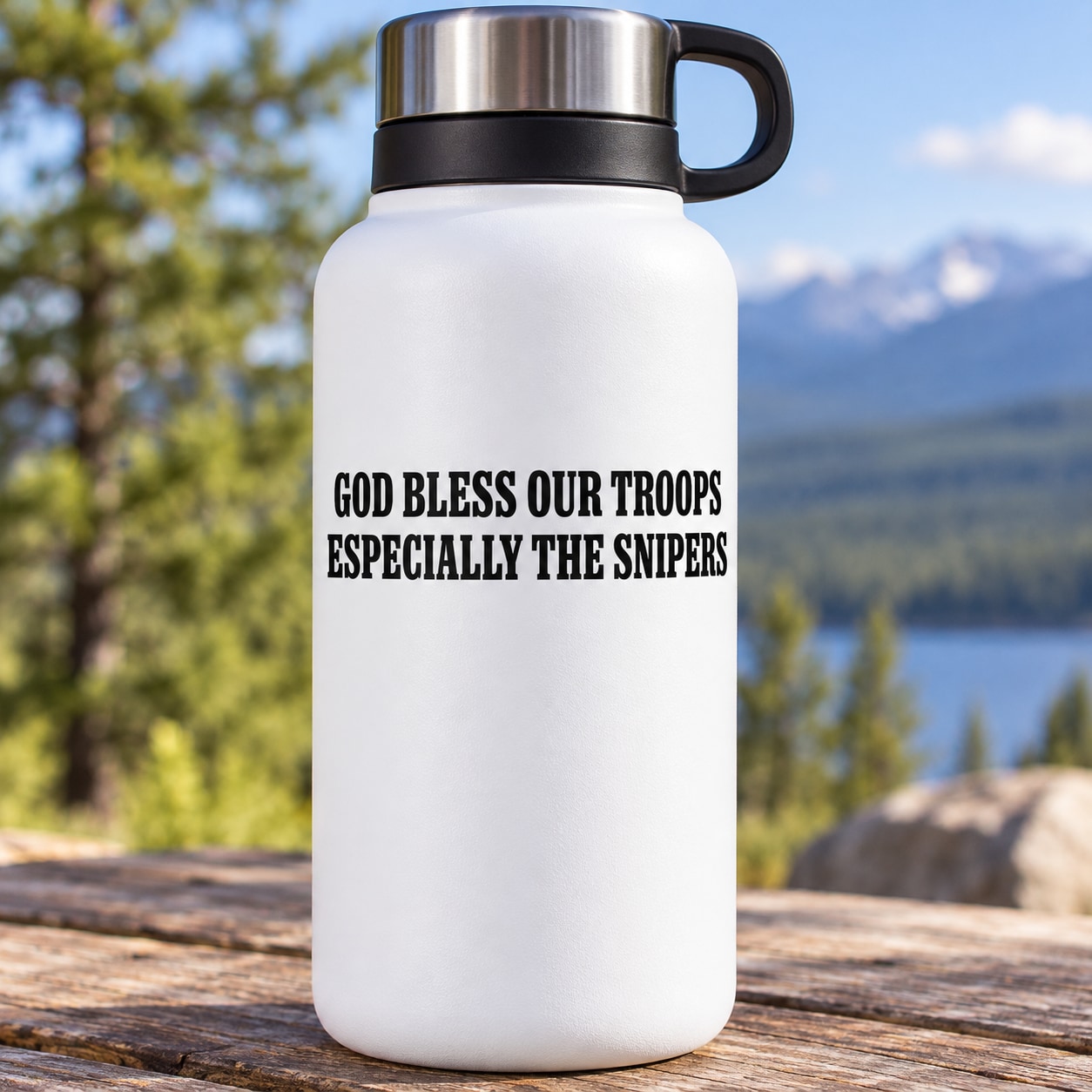 White insulated water bottle with black 'God bless our troops' decal