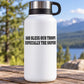 White insulated water bottle with black 'God bless our troops' decal