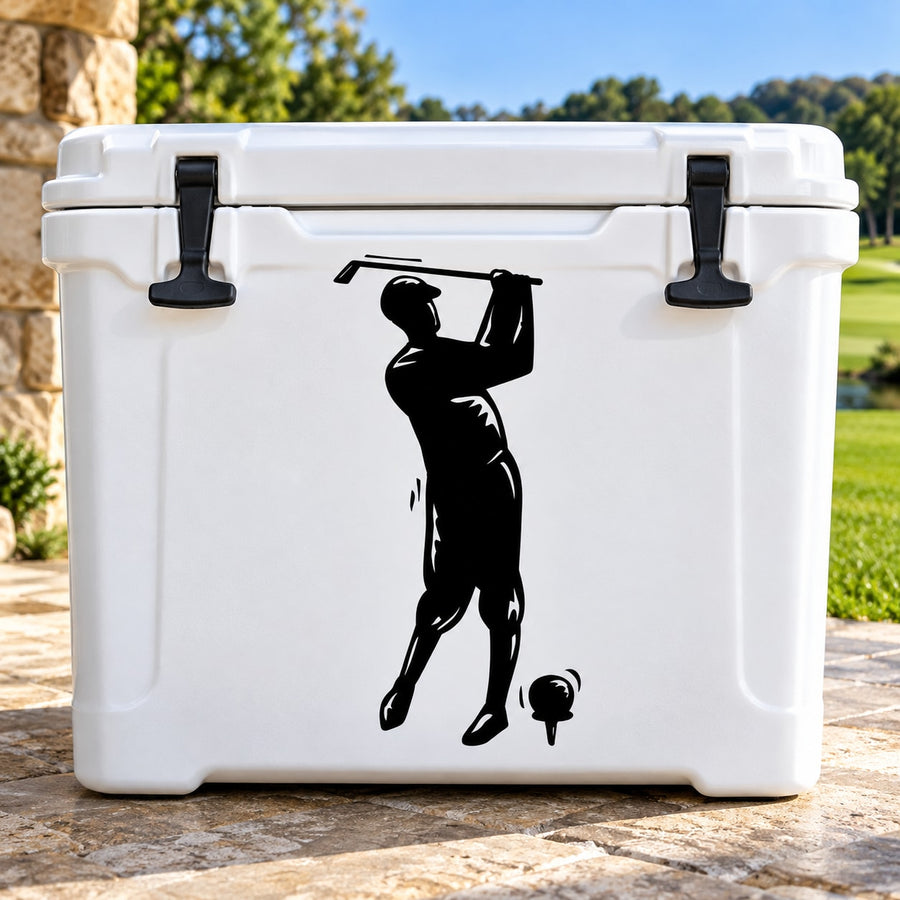 Golf wall decal with black golfer silhouette holding club and standing by ball