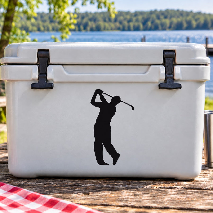 Male Swinging Golfer Decal — illustrative vinyl decal application mockup. Surrounding objects are not included.