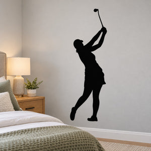 Black female golfer silhouette wall decal with raised club