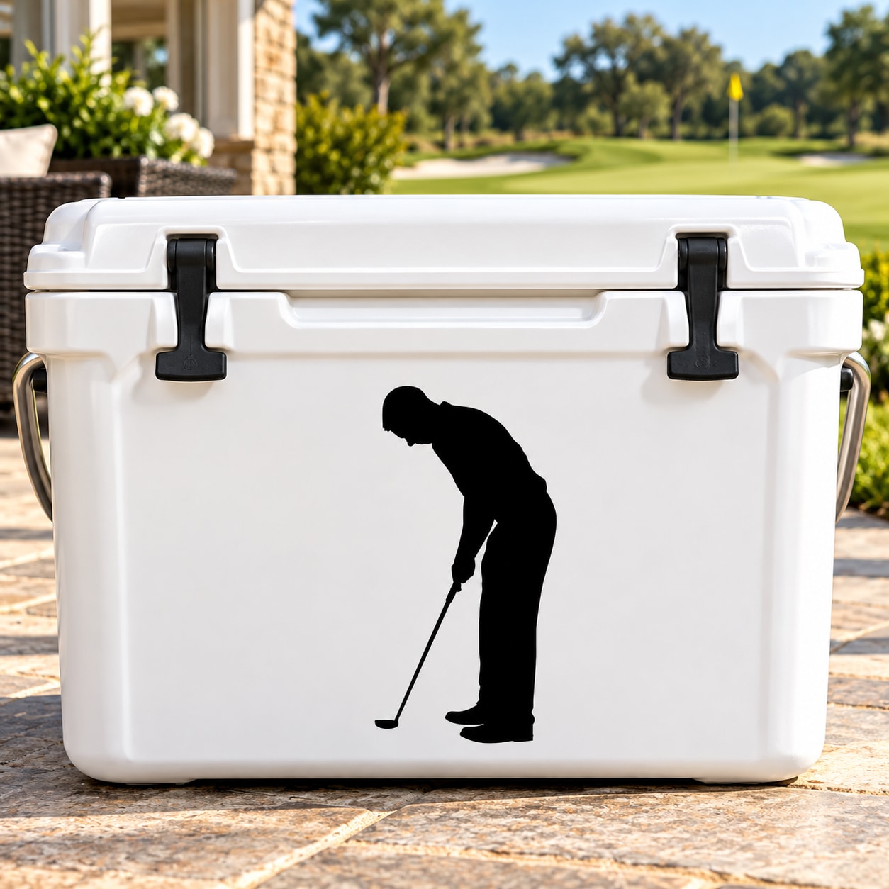 Golf putt wall vinyl decal with black golfer silhouette holding a club
