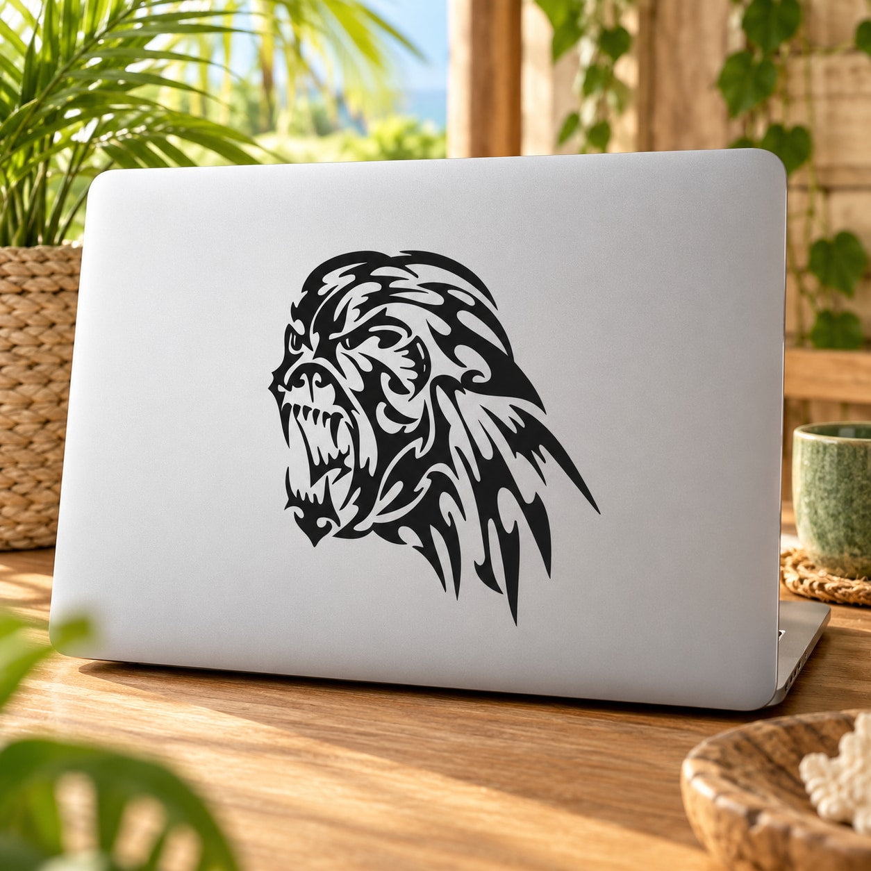 Angry abstract gorilla head decal, black design on a light background