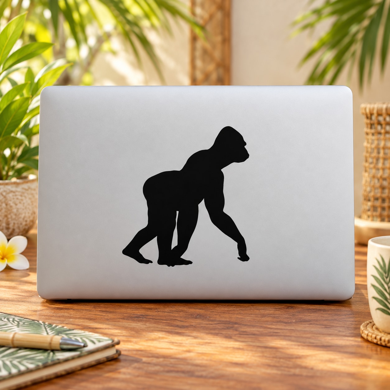 Walking gorilla decal with black silhouette, angled walking pose