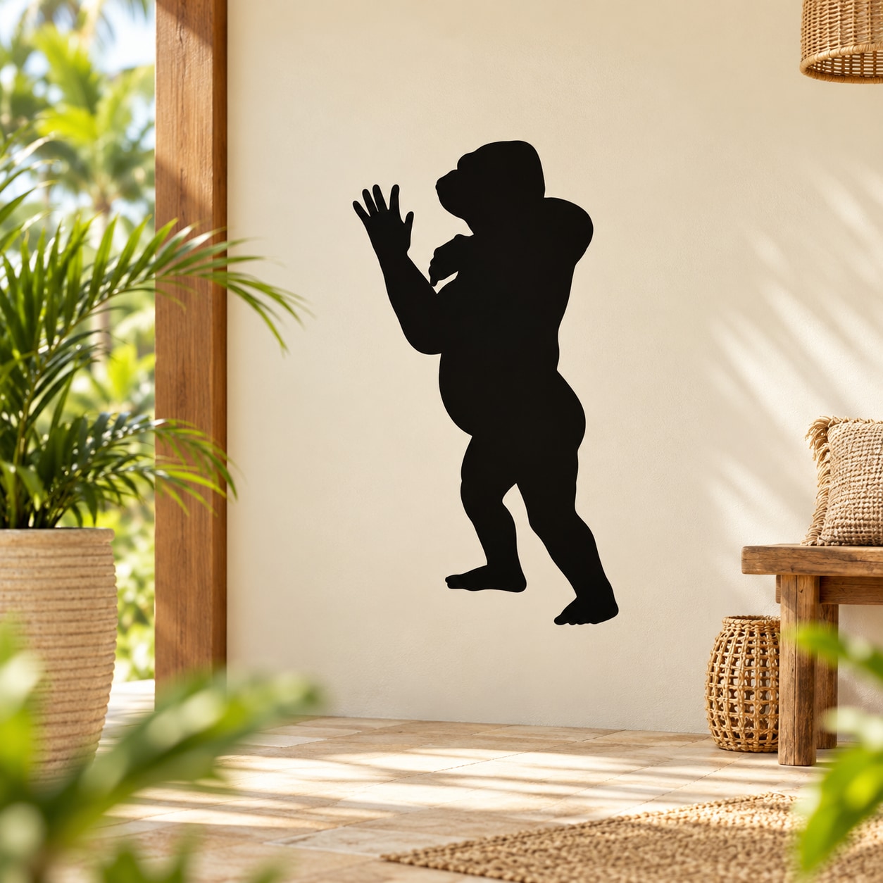 Standing gorilla wall decal, black silhouette of gorilla waving